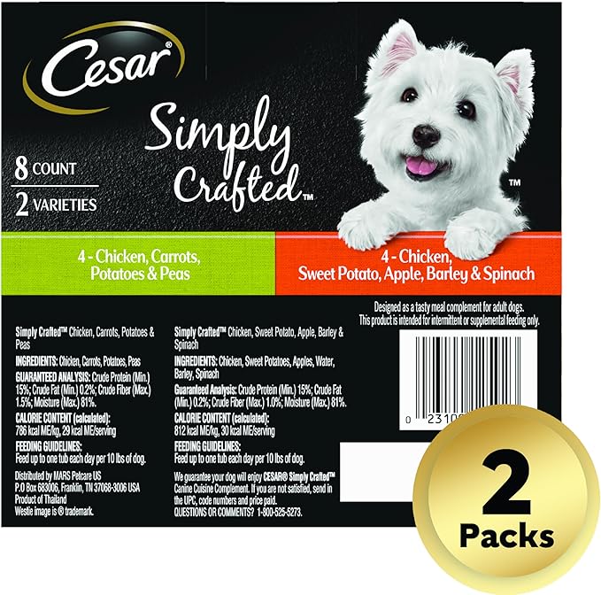 CESAR SIMPLY CRAFTED Adult Soft Wet Dog Food Meal Topper Variety Pack, Chicken, Carrot, Potato & Peas and Chicken, Sweet Potato, Apple, Barley & Spinach, 8 Count(Pack of 2)