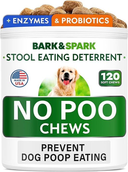 BARK&SPARK NO Poo Treats - Prevent Dog Poop Eating - Coprophagia Treatment - Stool Eating Deterrent - Probiotics & Enzymes - Digestive Health + Breath Aid - 120 Soft Chews - USA Made - Bacon Flavored