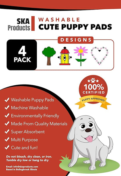 Cute Washable Puppy Pee Pads | 4 Pack Fire Hydrant, Tree, Flower and Heart Designs | Large Super Absorbent Potty Mats | Dog Housebreaking, Pet Crate Training | Multi-Purpose Reusable Eco-Friendly