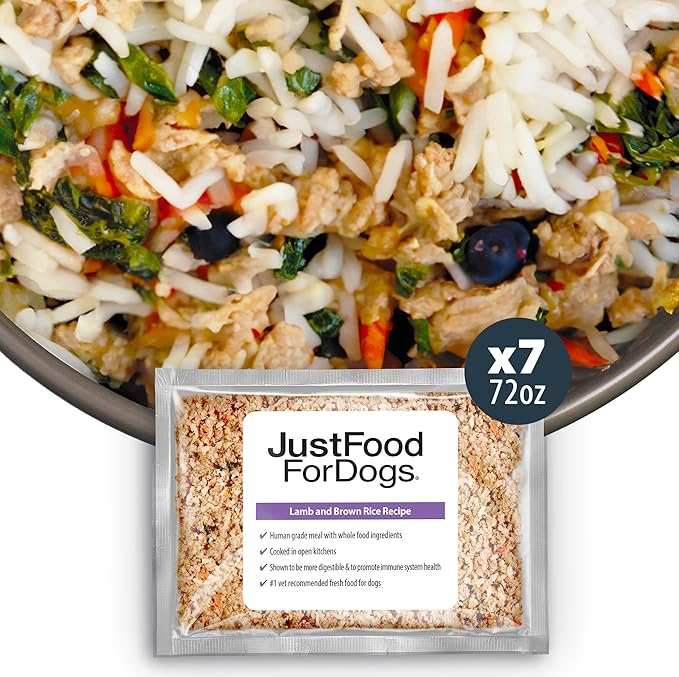 JustFoodForDogs Frozen Fresh Dog Food, Complete Meal or Topper, Lamb & Brown Rice Human Grade Dog Food Recipe, 72 oz (Pack of 7)