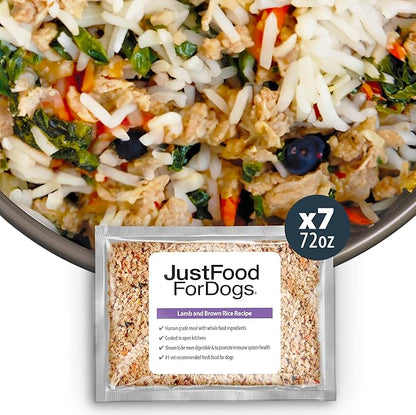 JustFoodForDogs Frozen Fresh Dog Food, Complete Meal or Topper, Lamb & Brown Rice Human Grade Dog Food Recipe, 72 oz (Pack of 7)