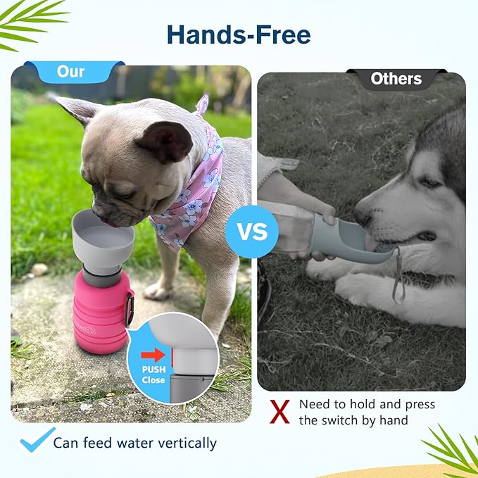 Pecute Dog Water Bottle Portable, 29oz Dog Foldable Water Bottle with Folding Bowl, Carabiner Clip, 5 Levels Capacity, 100% Food Grade Silicone, Dog Water Bottle for Outdoor Walking, Hiking, Travel