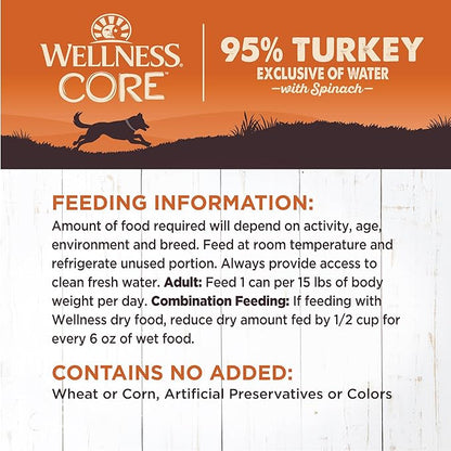 Wellness CORE 95% Natural Wet Grain Free Canned Dog Food, Turkey & Spinach,12.5-Ounce Can (Pack of 12)