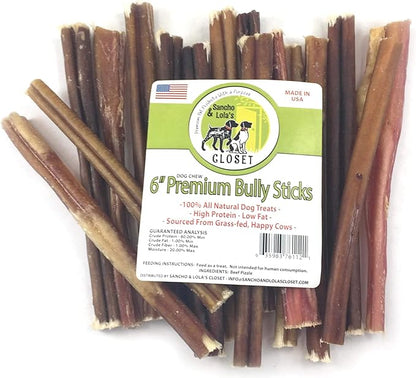 Sancho & Lola's 6-Inch Thin Bully Sticks Dogs - (10 count) Grass-Fed Free-Range Grain-Free Beef Pizzle Dog Chew Sticks