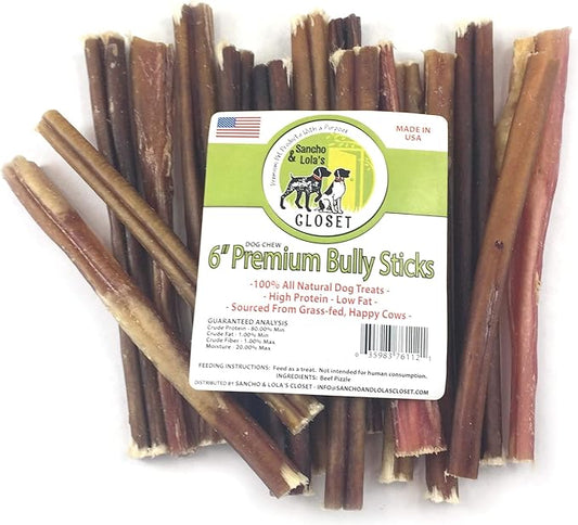 Sancho & Lola's 6-Inch Thin Bully Sticks Dogs - (10 count) Grass-Fed Free-Range Grain-Free Beef Pizzle Dog Chew Sticks