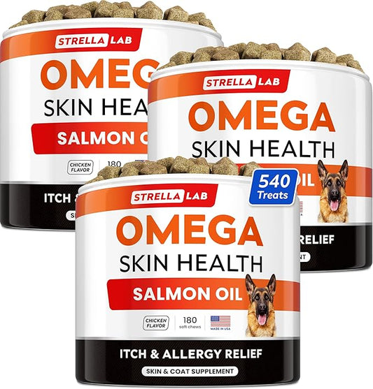 StrellaLab Omega 3 for Dogs - (540Ct) Fish Oil Treats - Allergy & Itch Relief Skin&Coat Supplement - Dry Itchy Skin, Shedding, Hot Spots Treatment, Anti Itch - Pet Salmon Oil Chews - Chicken Flavor