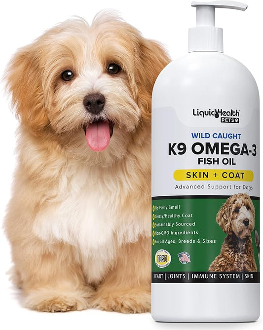 Liquid Health Pets K9 Omega 3 Fish Oil for Dogs - Liquid Omega 3 for Dogs with EPA + DPA + DHA, Dog Shedding Suplement May Reduce Itching and Support Joint, Immunity, Brain & Heart Health (16 Oz)