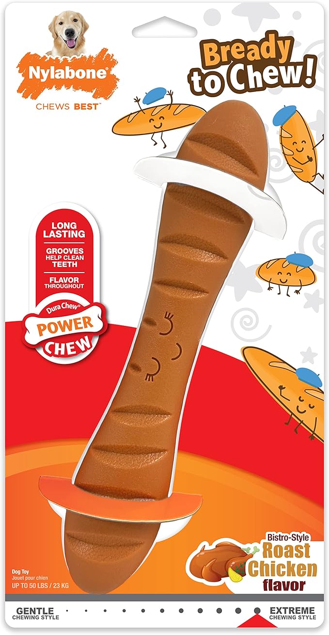 Nylabone Baguette Bread Dog Toy Power Chew – Cute Dog Toys for Aggressive Chewers – with a Funny Twist! Bistro-Style Roast Chicken Flavor, Large/Giant
