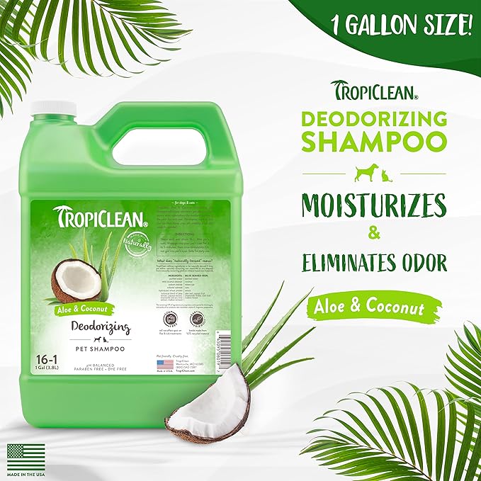 TropiClean Aloe & Coconut Deodorizing Dog Shampoo for Smelly Dogs | Odor Control Shampoo for Stinky Dogs | Natural Pet Shampoo Derived from Natural Ingredients | Cat Friendly | Made in the USA | 1 gal