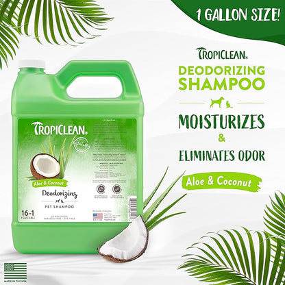 TropiClean Aloe & Coconut Deodorizing Dog Shampoo for Smelly Dogs | Odor Control Shampoo for Stinky Dogs | Natural Pet Shampoo Derived from Natural Ingredients | Cat Friendly | Made in the USA | 1 gal