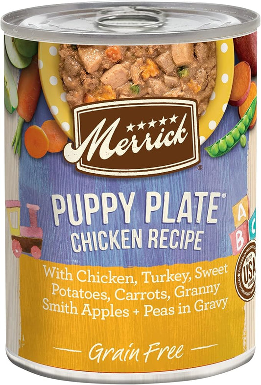 Merrick Grain Free Wet Puppy Food, Premium Soft And Gluten Free Canned Dog Food, Puppy Plate Chicken Recipe - (Pack of 12) 12.7 oz. Cans