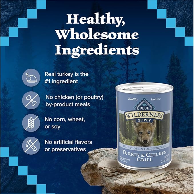Blue Buffalo Wilderness High Protein, Natural Puppy Wet Dog Food, Turkey & Chicken Grill 12.5-oz cans (Pack of 12)