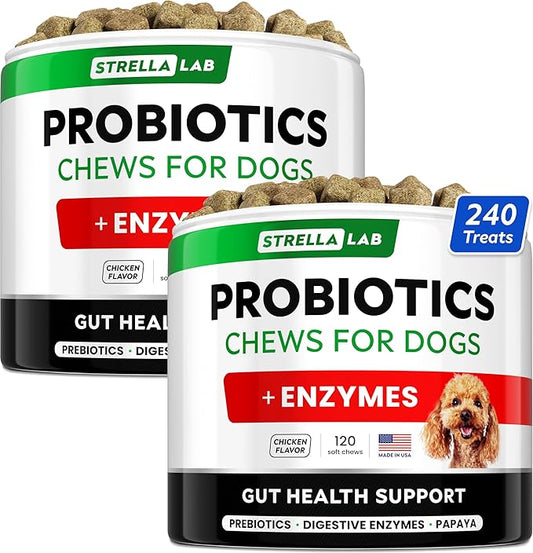 StrellaLab Pet Probiotics for Dogs & Digestive Enzymes - Digestion & Gut Health Treats, Dog Probiotics Chews, Fiber Supplement, Anti Diarrhea, Constipation, Upset Stomach&Gas Relief, Canine Prebiotic