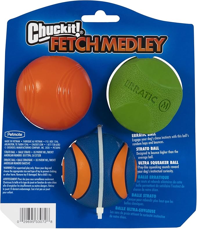 Chuckit Fetch Medley Dog Ball Dog Toys, Medium (2.5 Inch) Pack of 3, for Medium Breeds, Includes Erratic, Strato and Ultra Squeaker Balls