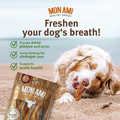 Mon Ami Braided Bully Sticks for Large and Small Dogs (5-6 inches, Pack of 12) - Made from Grass Fed Beef Dog Treats - Natural Bully Sticks - Grain Free & High Protein Dog Snack