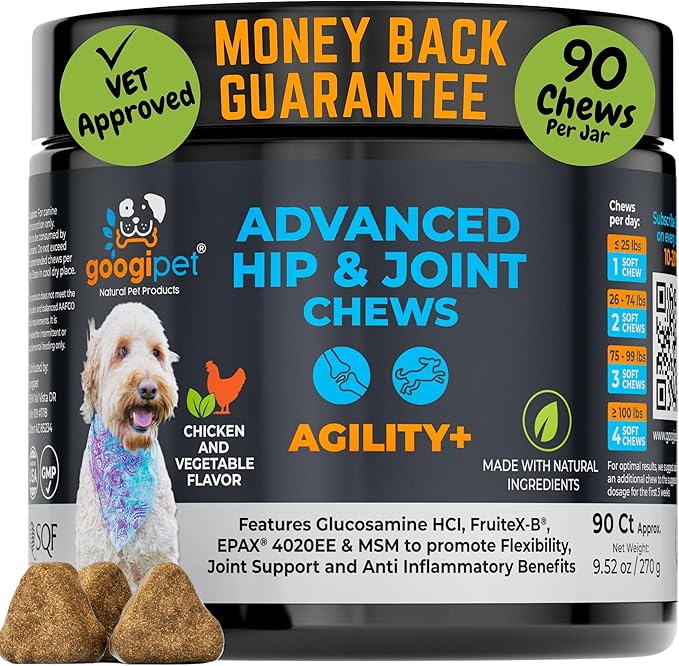 Googipet Hip and Joint Supplement for Dogs - Glucosamine for Dogs – Soft Chews w/Green Lipped Mussels for Dogs, Turmeric for Dog Arthritis, Pain Relief, & Mobility, Ages, & Breeds