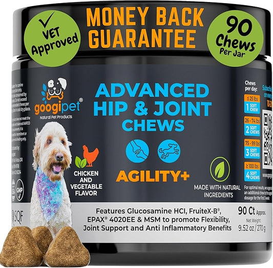 Googipet Hip and Joint Supplement for Dogs - Glucosamine for Dogs – Soft Chews w/Green Lipped Mussels for Dogs, Turmeric for Dog Arthritis, Pain Relief, & Mobility, Ages, & Breeds