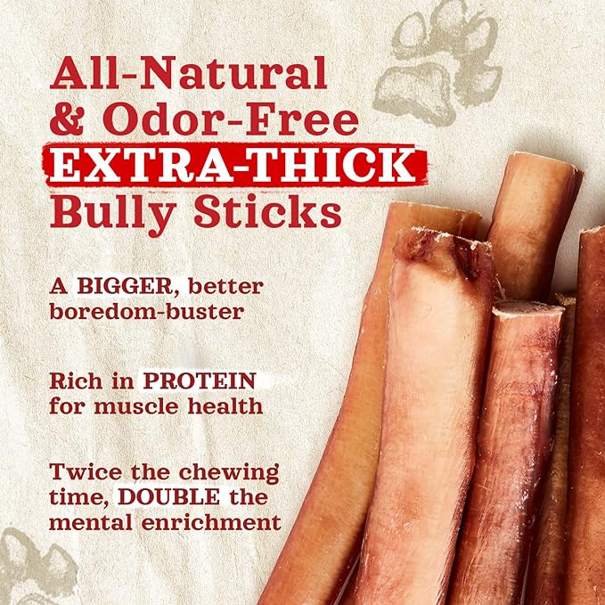 Natural Farm Extra-Thick 12-Inch Beef Bully Sticks Dog Chews (10-Pack) - Odor-Free Dental Treats for Dogs