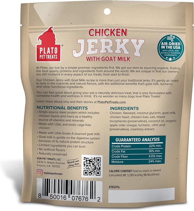 PLATO Pet Treats Air Dried, Real Meat, Chicken Jerky with Goat's Milk Dog Treats, Made in The USA, Grain Free, 7oz