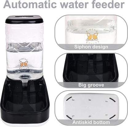 Automatic Dog Cat Gravity Food and Water Dispenser Set with Pet Food Bowl for Small Large Pets Puppy Kitten Rabbit Large Capacity(Black, 3.8L)