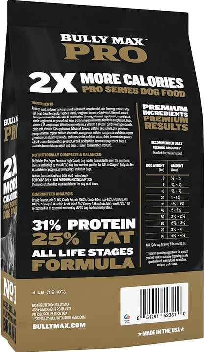 Bully Max Pro 2X High Calorie & High Protein Dry Dog Food for Puppy and Adult Dogs - Healthy Weight Gain & Muscle Building Support for Small & Large Breeds - Slow-Cooked, 600 Calories/Cup, 4 lbs