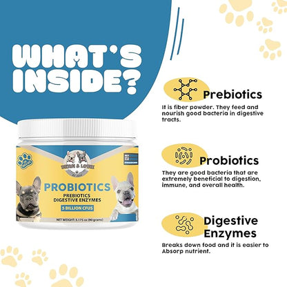 Dog Probiotics, Cat Probiotics, Probiotics for Dogs, Probiotics for Cat, 5 Billion CFUs + Prebiotics + Digestive Enzymes for Digestive Health & Immune Support, Skin & Coat, Dog Probiotic, 90 Grams