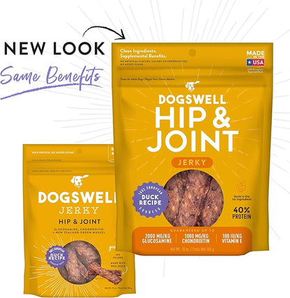 DOGSWELL Jerky Hip and Joint Dog Treats Grain Free Made in USA Only, Glucosamine and Chondroitin, 10 oz Duck (842194)