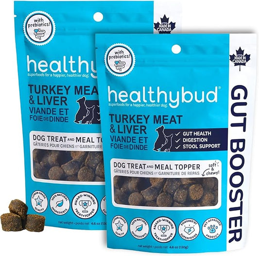 healthybud Turkey Dog Probiotic Chews - Gut Health Support - Prebiotic, Fiber & Vitamin Supplement, Puppy Liver Bites for Sensitive Stomach, Dog Stool Hardener 4.6oz (2-Pack)