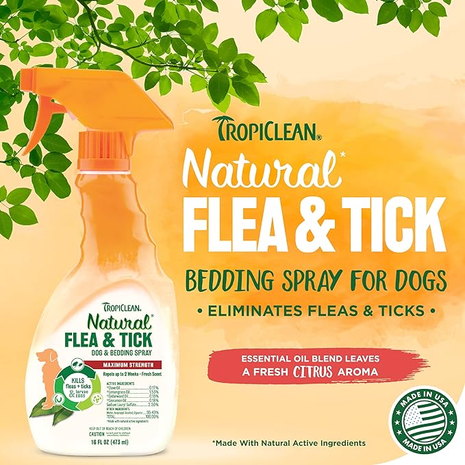 TropiClean Natural Flea and Tick Spray for Dogs & Bedding | Maximum Strength Flea Spray for Home | Family Friendly & Safe | Made in the USA | 16 oz.