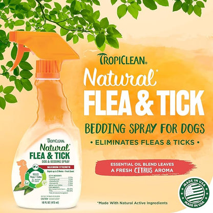 TropiClean Natural Flea and Tick Spray for Dogs & Bedding | Maximum Strength Flea Spray for Home | Family Friendly & Safe | Made in the USA | 16 oz.