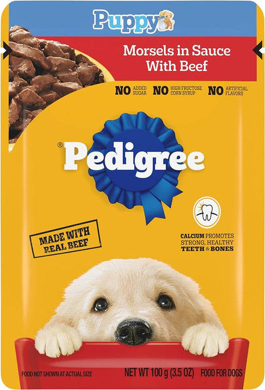 Pedigree Puppy Soft Wet Dog Food Morsels in Sauce with Beef, 3.5 oz Pouches, Pack of 16