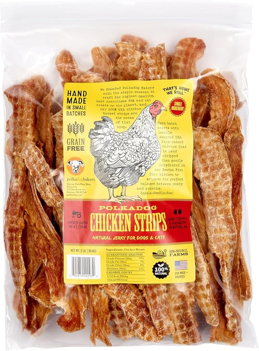 Polkadog Chicken Strip Jerky Dog & Cat Treat - Handmade, Single-Ingredient, Grain Free, USA Farm-Raised Chicken - Dog Jerky Treat - Made in USA, 2lb