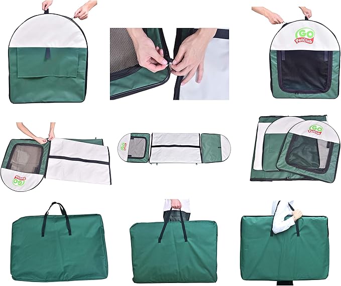 Go Pet Club 32" Rounded Top Soft Collapsible Dog Crate, Portable Pet Carrier, Thick Padded Pet Travel Crate for Indoor & Outdoor, Soft Sided Pet Foldable Kennel Cage with Durable Mesh Windows, Green