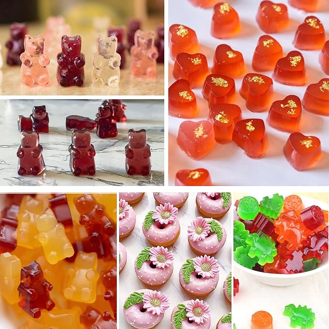 4Pcs Gummy Candy Molds, Gummy Bear Molds, Gummy Dinosaur Molds, Gummy Donut Molds and Gummy Hearts Molds, Non-stick Silicone Candy Molds with 2 Droppers (4Shapes)