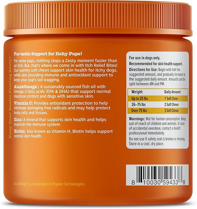 Zesty Paws Itch Relief for Dogs - for Itching Skin & Coat Health - Omega-3 Fish Oil with EPA & DHA - Dog Bites Supplement with Vitamin C & E for Antioxidant Support - Chicken Flavor - 90 Count