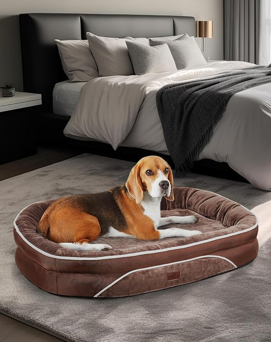 Orthopedic Dog Bed for Large Dogs, Dog Couch Design with Egg Foam Support, Removable, Machine Washable Plush Cover and Non-Slip Bottom with Four Sided Bolster Cushion (Brown)