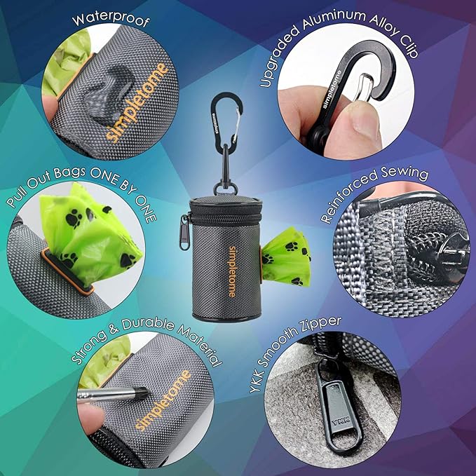 simpletome Dog Waste Bag Dispenser for Leash Belt Waterproof 1680D Oxford YKK Zipper (Grey)