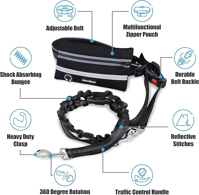 Hands Free Dog Leash with Zipper Pouch, for Medium and Large Dogs, 4Ft 6 Ft, Waist Leash for Dog, Durable Bungee for Walking, Jogging, and Running Your Dog (Large, 25-120 lbs, Black)