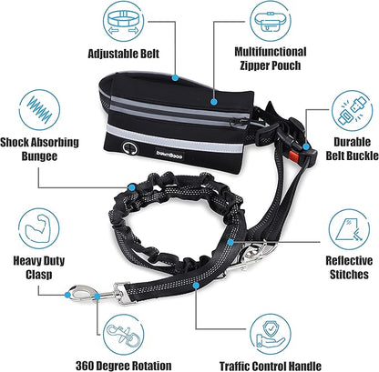 Hands Free Dog Leash with Zipper Pouch, for Medium and Large Dogs, 4Ft 6 Ft, Waist Leash for Dog, Durable Bungee for Walking, Jogging, and Running Your Dog (Large, 25-120 lbs, Black)