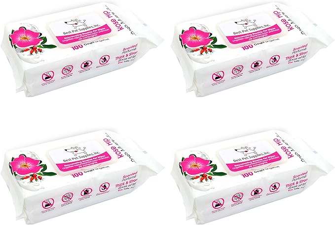 Best Pet Supplies Dog Wipes, Hypoallergenic, Deodorizing, Cleaning for Dogs' Paws, Butt, Face, Grooming, Non-Sticky Formula for Puppy, Cats and Sensitive Skin - 400 Pack, Rejuvenating Rose Hip