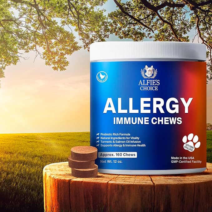 ALFIE'S CHOICE Dog Allergy Relief Chews - Allergy & Itch Relief Dogs Support Supplement, Probiotic Blend with Salmon Oil & Turmeric - Chicken Flavor Dog Allergy Chews Itchy Skin, 12 oz, Appx 160 Count