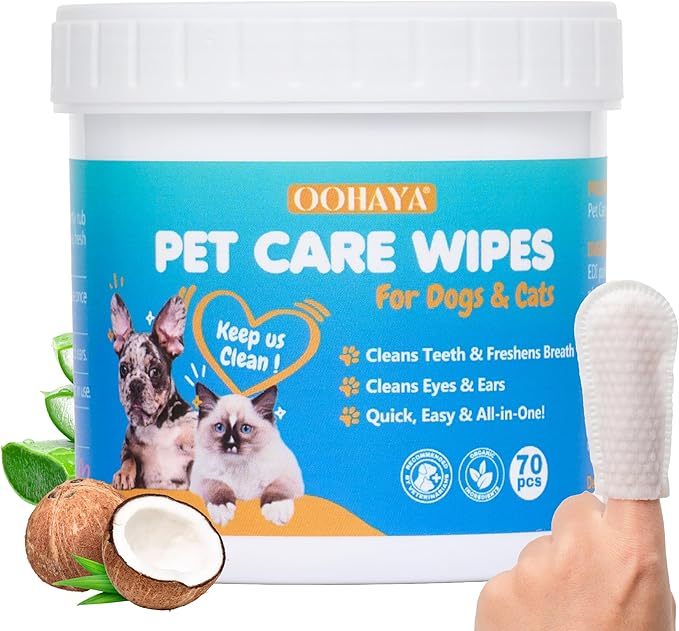 3-in-1 Pet Finger Wet Wipes for Dogs & Cats, Soft Disposable Finger Towels for Eye, Ear, & Dental Care, Freshen Breath with Deep Teeth Cleaning Support, Pack of 70