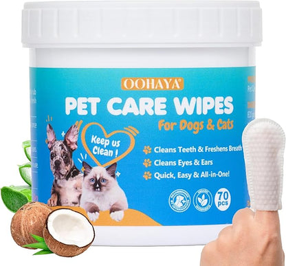 3-in-1 Pet Finger Wet Wipes for Dogs & Cats, Soft Disposable Finger Towels for Eye, Ear, & Dental Care, Freshen Breath with Deep Teeth Cleaning Support, Pack of 70