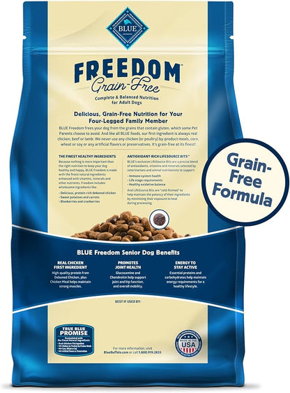 Blue Buffalo Freedom Grain-Free Senior Dry Dog Food, Provides Energy To Stay Active, Made in the USA With Natural Ingredients, Chicken & Potatoes, 4-lb. Bag