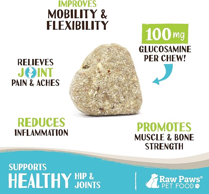 Raw Paws Hip and Joint Treats for Dogs, 10-oz/100-ct - Made in USA - Soft, Chewable Dog Arthritis Supplement - Dog Glucosamine Chews Increases Mobility, Reduces Pain, Inflammation & Hip Dysplasia