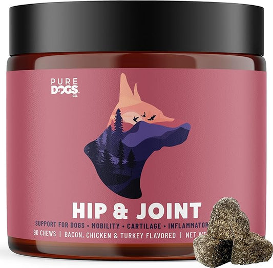 Pure Dogs Hip & Joint Supplement for Large Breed & Small Breed - Dog Joint Pain Relief Chews for Function & Mobility - Glucosamine Chondroitin for Dogs Gut & Digestive Support - 90 Dog Joint Chews