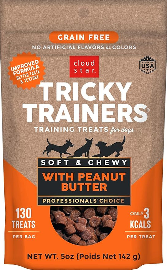 Cloud Star Tricky Trainers Soft & Chewy Dog Training Treats 5 oz Pouch, Peanut Butter Flavor, Grain-Free Low Calorie Behavior Aid with 130 treats