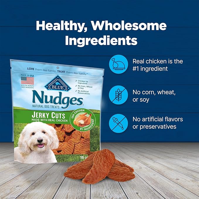 Blue Buffalo Nudges Jerky Bites Dog Treats, Made in The USA with Natural Ingredients, Bite-Sized Pieces, Chicken, 16-oz. Bag (Pack of 2)
