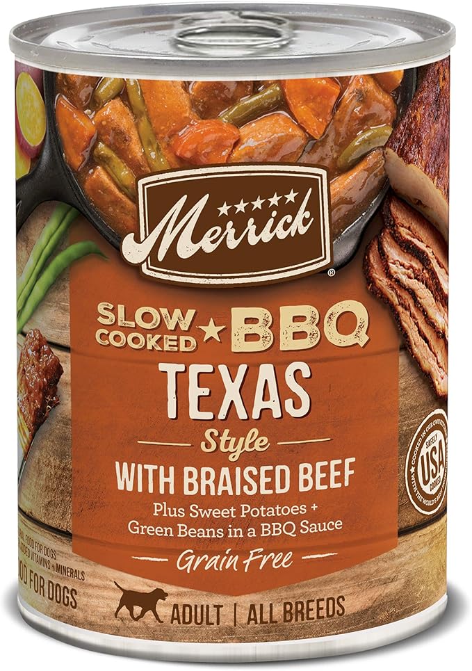 Merrick Slow-Cooked BBQ Premium Healthy Real Meat Grain Free Canned Dog Food, Texas Style With Braised Beef - (Pack of 12) 12.7 oz. Cans