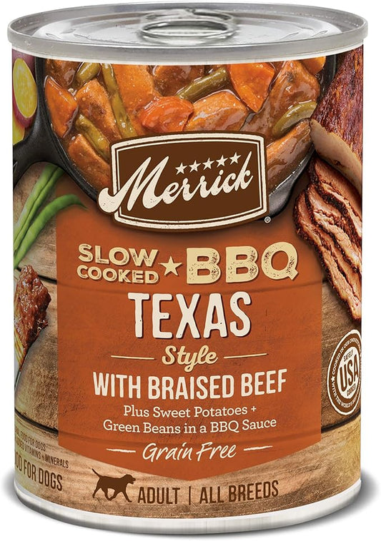 Merrick Slow-Cooked BBQ Premium Healthy Real Meat Grain Free Canned Dog Food, Texas Style With Braised Beef - (Pack of 12) 12.7 oz. Cans
